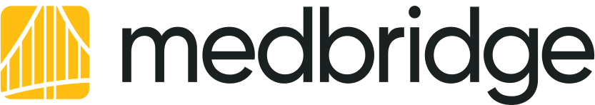 Medbridge logo with bold black text and a yellow abstract shape on the left.